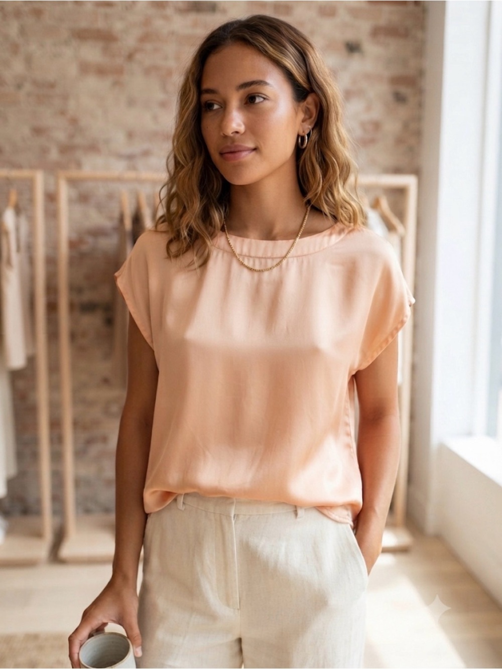 Vintage Peach Silk Cap-Sleeve Blouse - Classic Relaxed Fit
